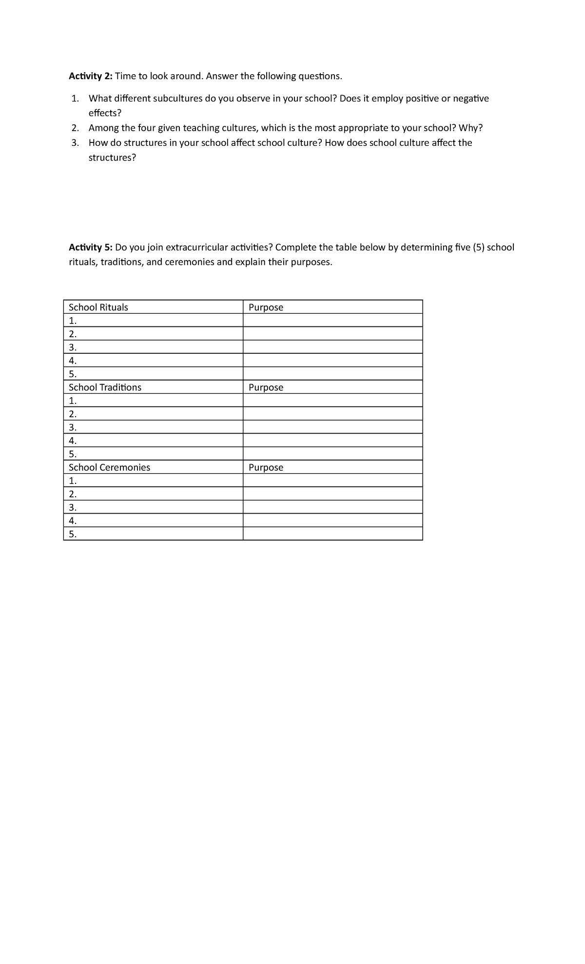 Ed 103 activity Activity 2 Time to look around. Answer the