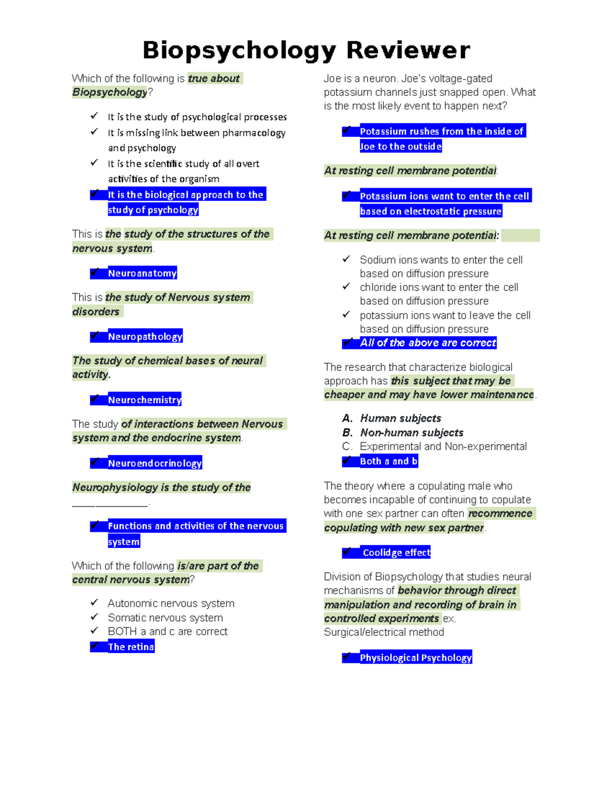 Biopsychology Reviewer(exams) - Which Of The Following Is True About ...