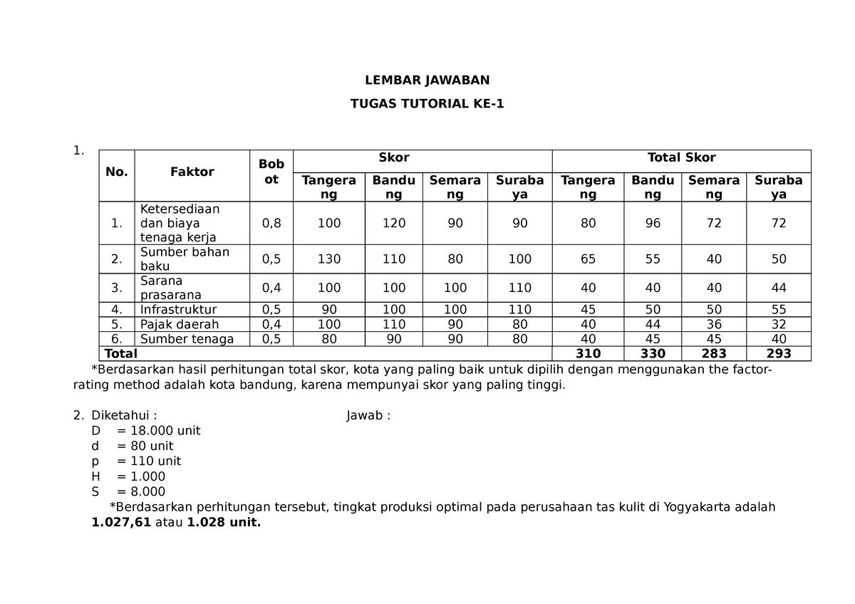 Jawaban Tugas 1 - Manajemen Operasi - Studocu
