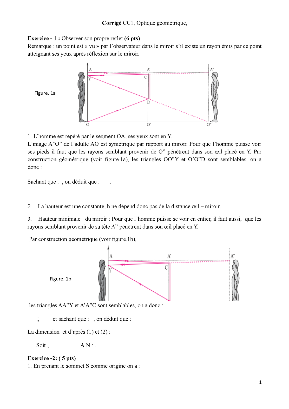 Corrigé Optique Géométrique, Contrôle N°1 - Corrigé CC1, Optique ...