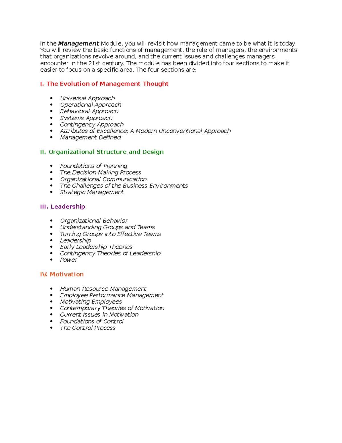 Management Module - Notes for Midterm - In the Management Module, you ...
