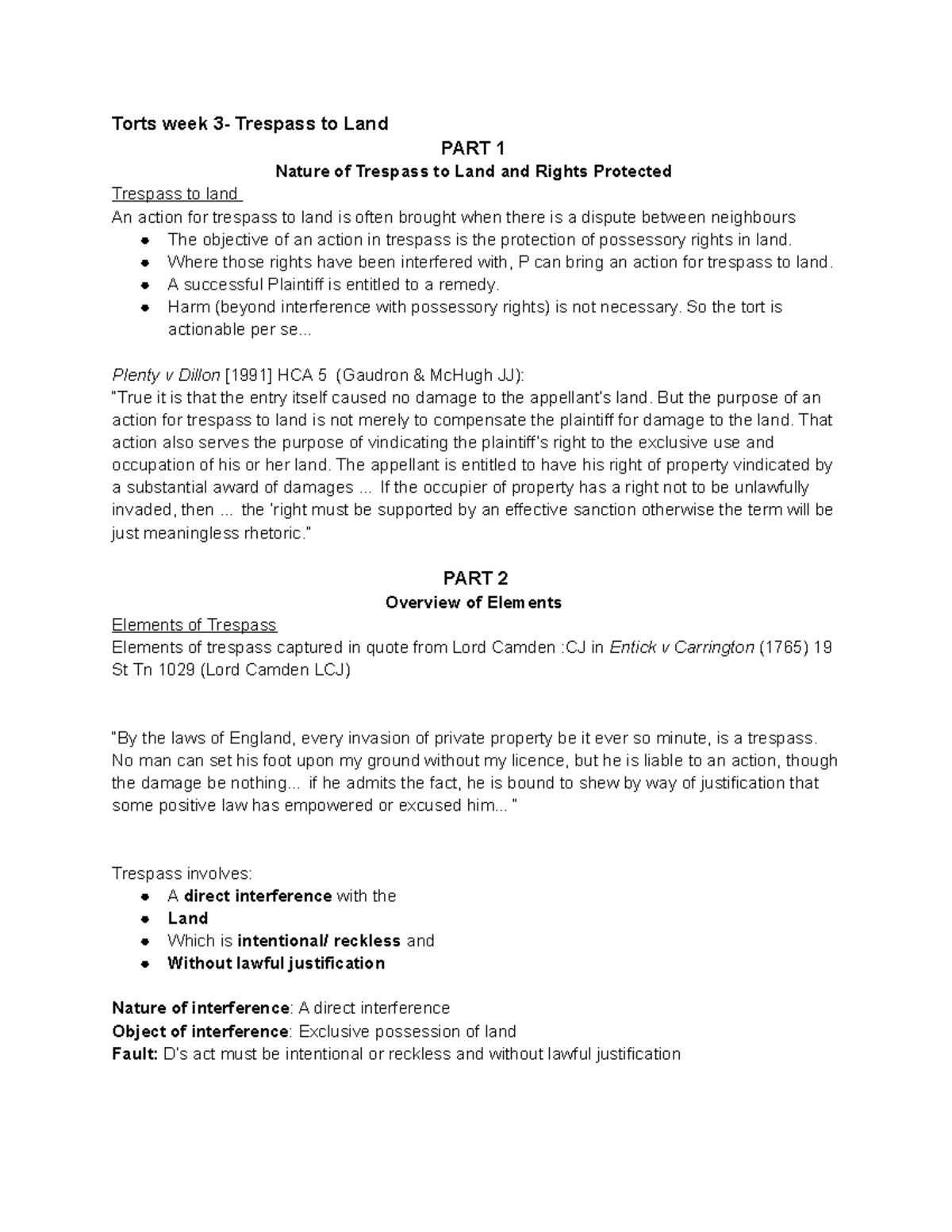 Torts week 3- Trespass to Land - Where those rights have been ...