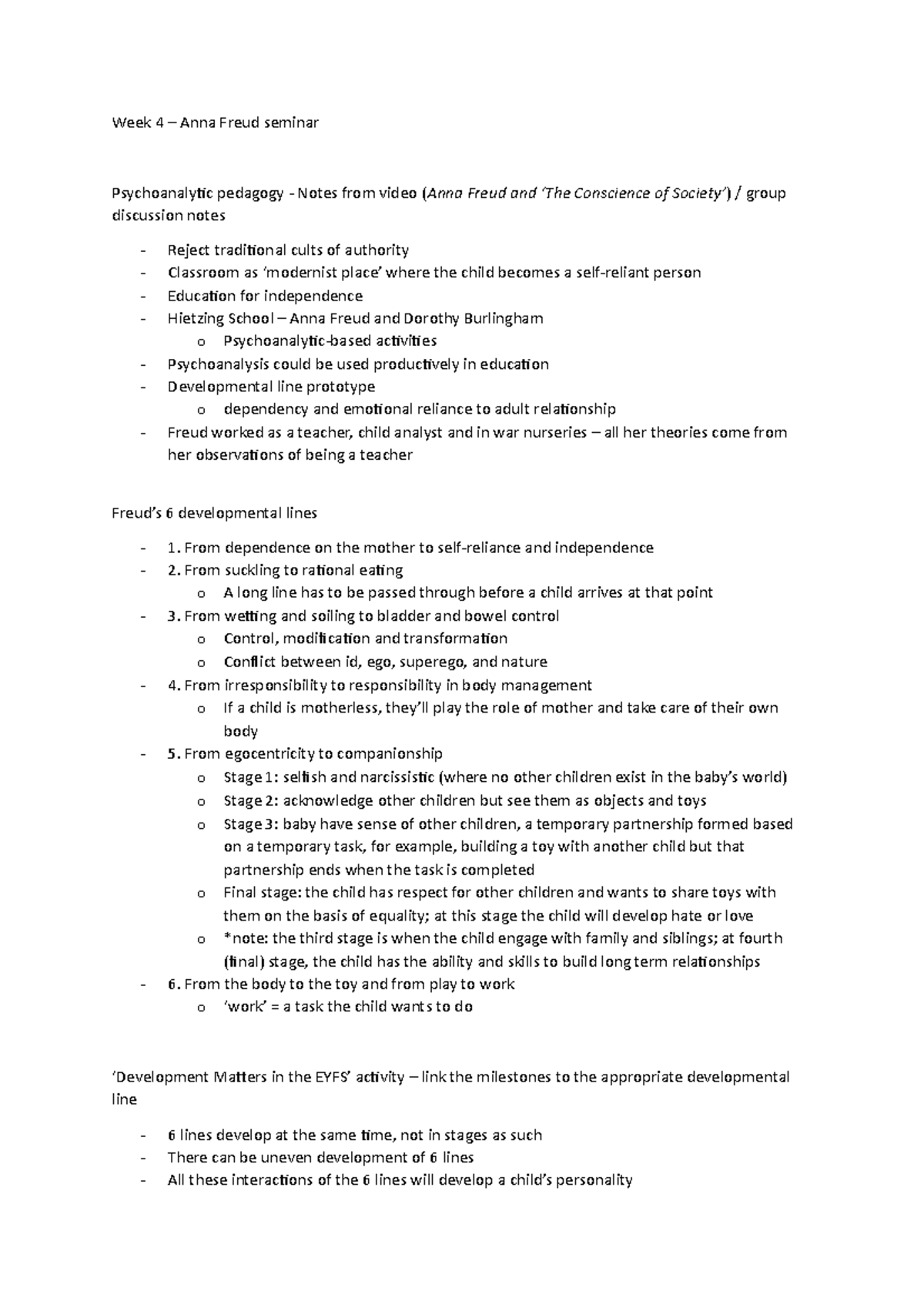 PA141 Week 4 seminar - Week 4: Anna Freud. Psychoanalytic pedagogy ...