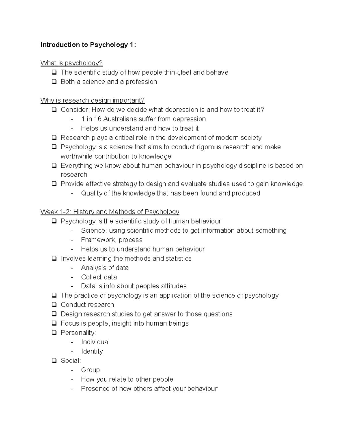 Week 1 Lecture Notes - Introduction to Psychology 1: What is psychology ...