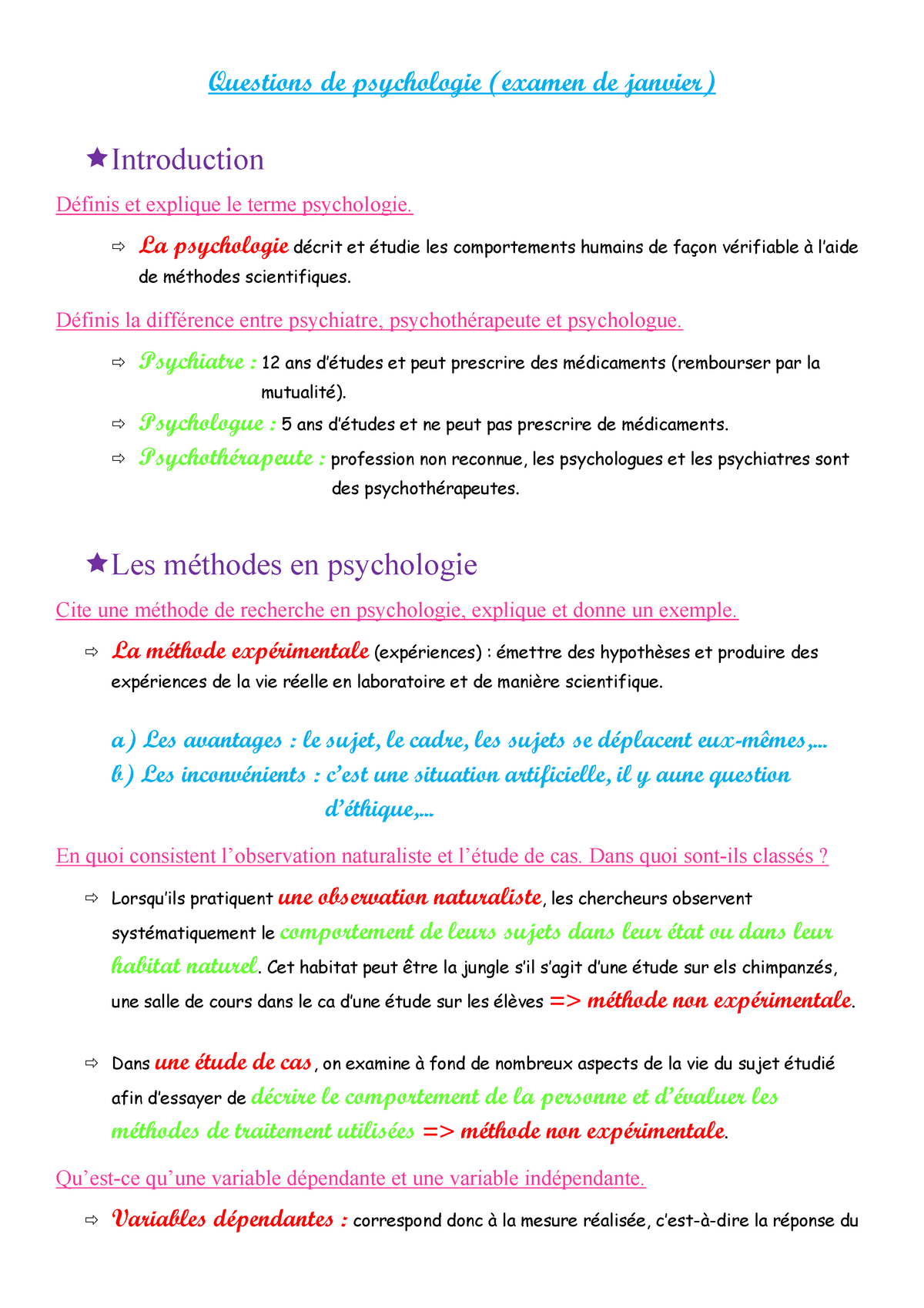 Psychologie Resume Psycho Questions De Psychologie Examen De Janvier Introduction Definis Et Studocu