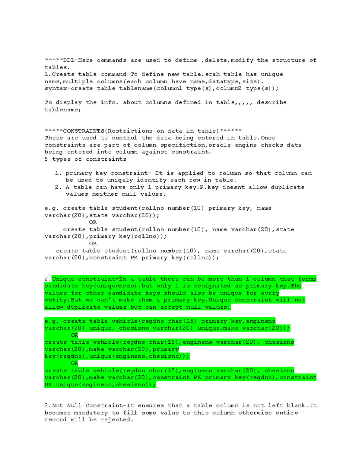 Constraints - Lecture notes - ****DDL-Here commands are used to define ...