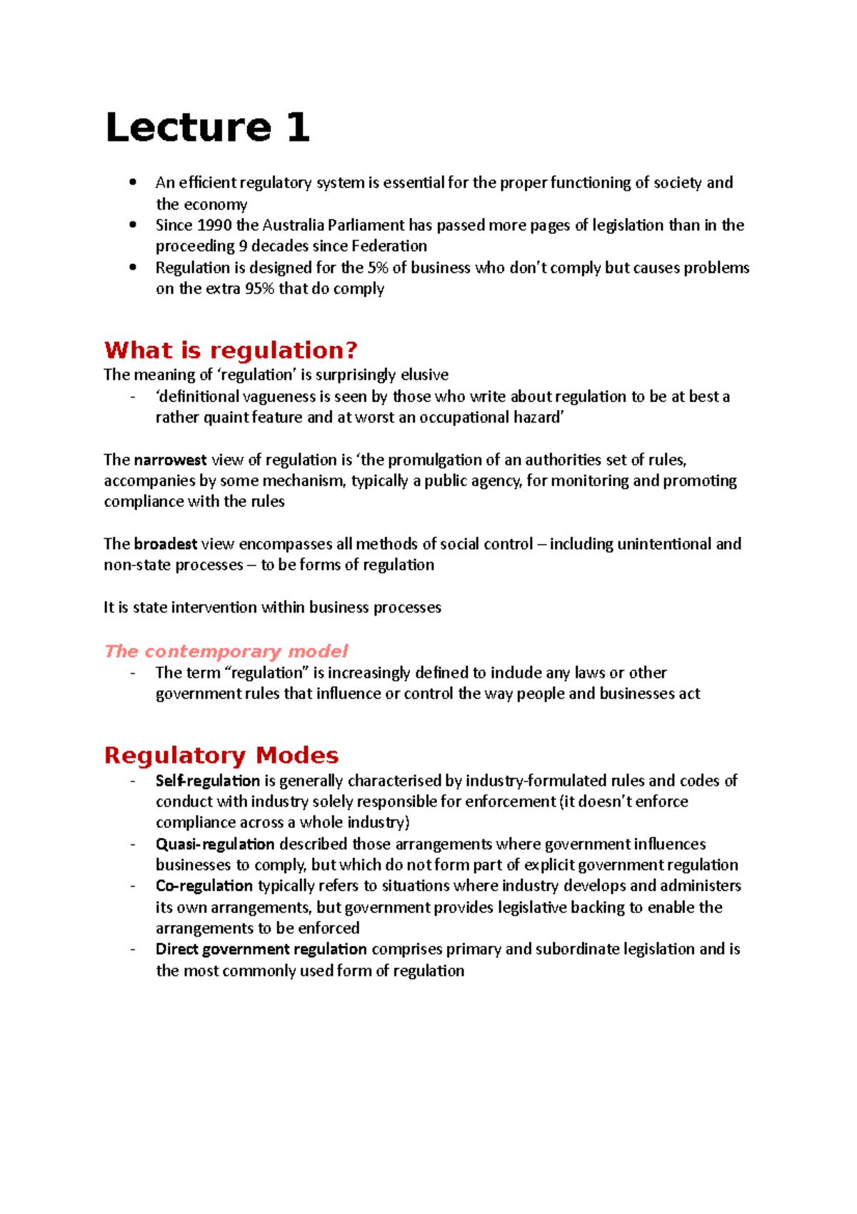 Lecture Notes - Lecture 1 An efficient regulatory system is essential ...
