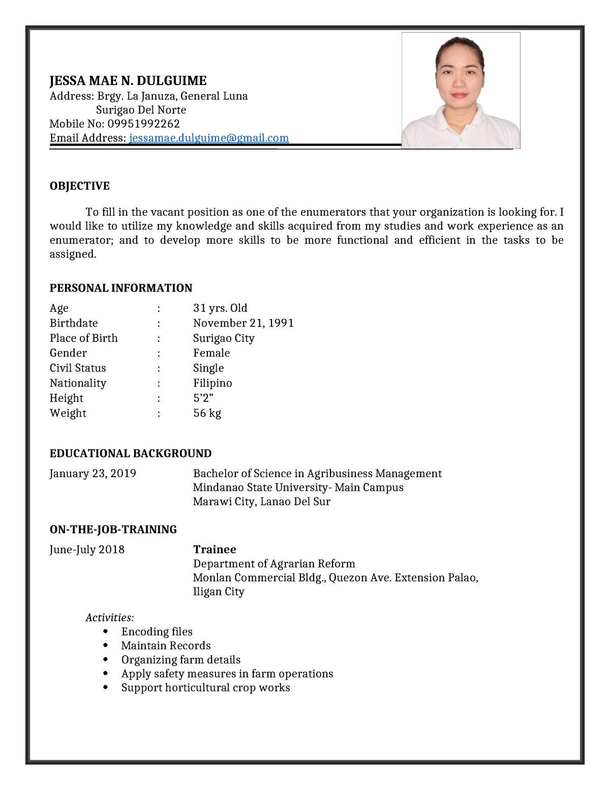 2022 Resume - Msnskekanwka. Wk - JESSA MAE N. DULGUIME Address: Brgy ...