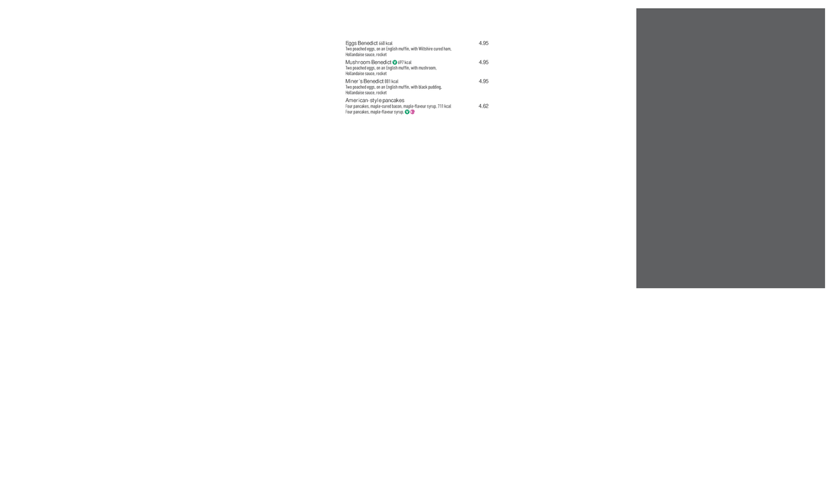MENU 259 Eggs Benedict 668 kcal 4. Two poached eggs, on an English