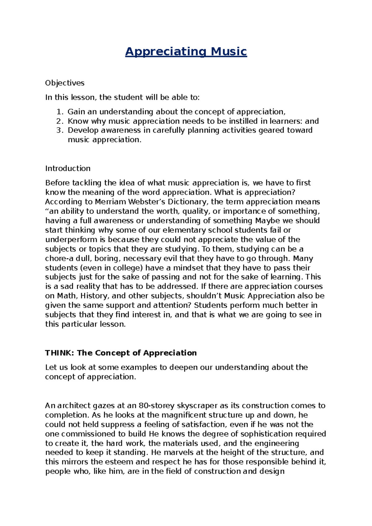 Lesson 2 Appreciating Music - Appreciating Music Objectives In this ...