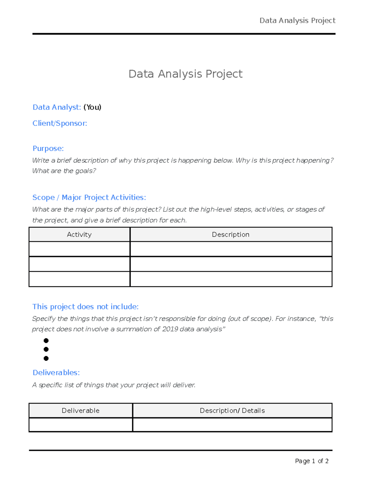 Scope of work (SOW) template - Data Analysis Project Data Analysis ...