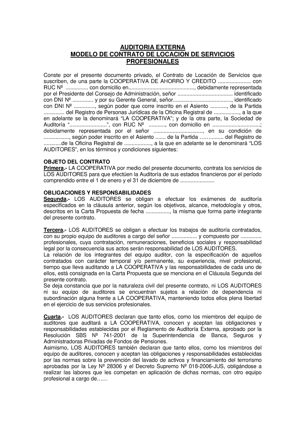 Modelo de contrato a - auditoria - AUDITORIA EXTERNA MODELO DE CONTRATO DE  LOCACION DE SERVICIOS - Studocu