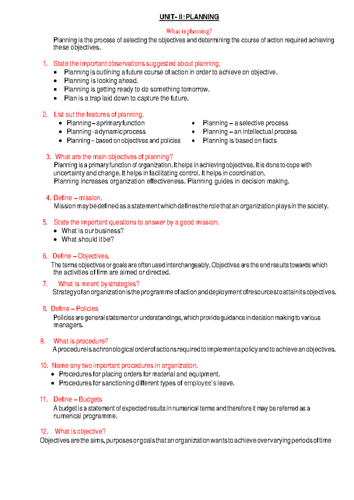 Planning 6 - It Is Lecture Notes And Questions And Answers. - UNIT - II ...