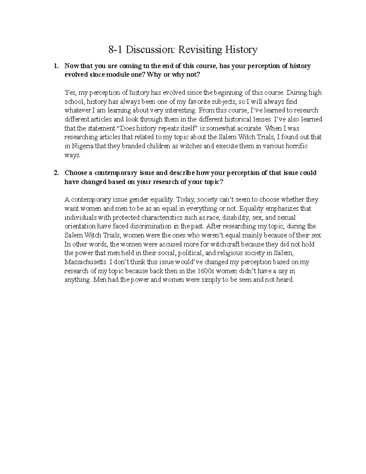 8-1 Discussion Revisiting History - During high school, history has ...