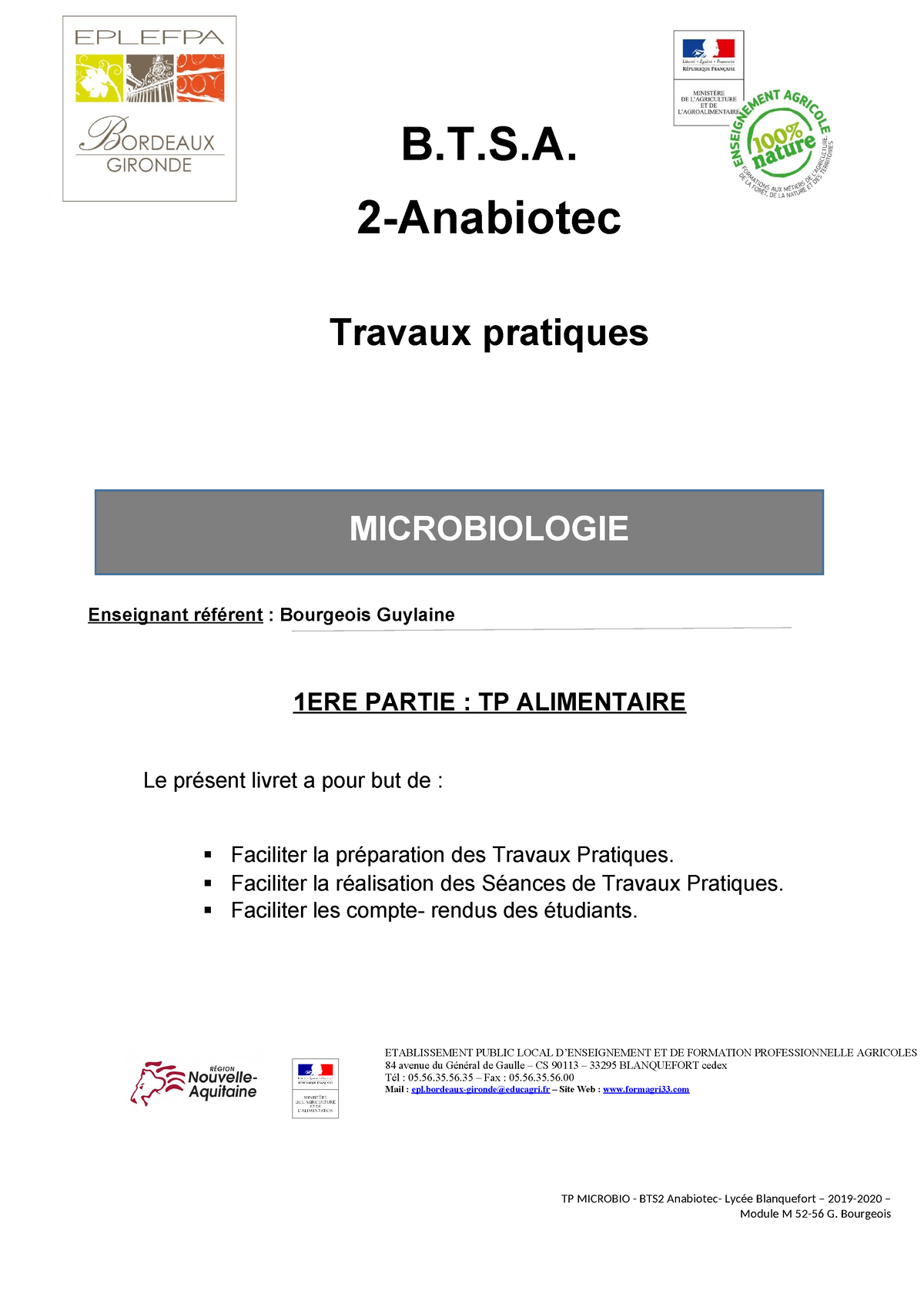 TP Alimentaire - B.T.S. 2-Anabiotec Travaux Pratiques MICROBIOLOGIE ...