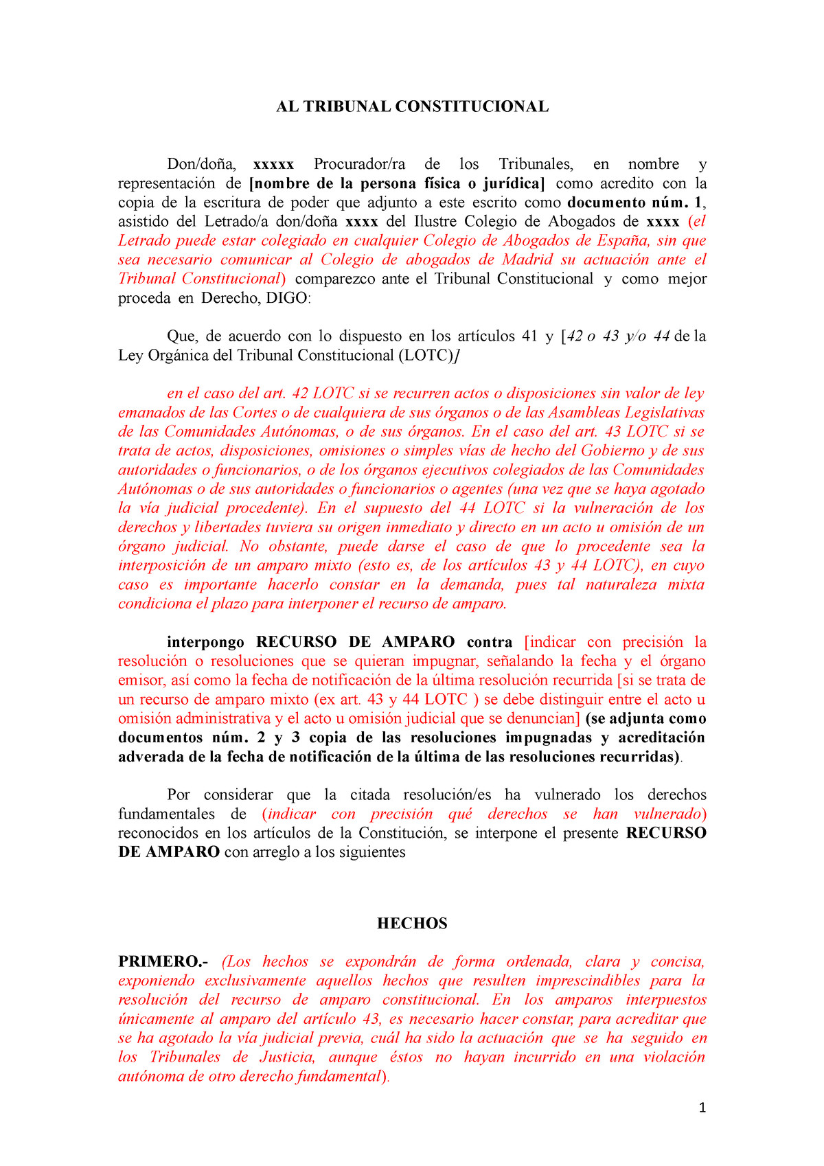 Modelo demanda de amparo - AL TRIBUNAL CONSTITUCIONAL Don/doña, xxxxx  Procurador/ra de los - Studocu