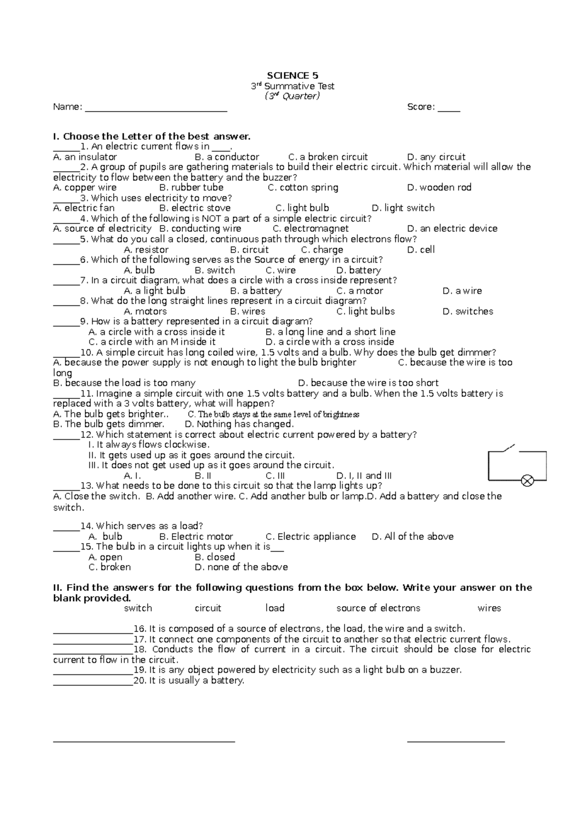 S5ST3 - Science Summative Test - SCIENCE 5 3 rd Summative Test (3rd ...