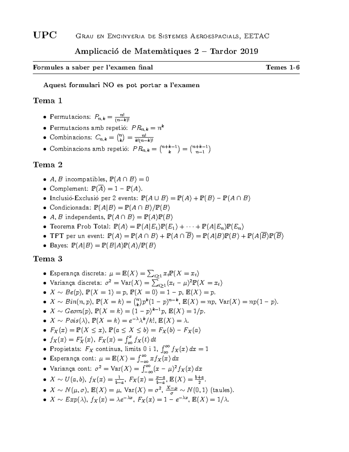 Formules final (no examen) - UPC Grau en Enginyeria de Sistemes ...
