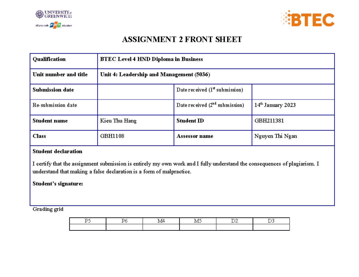 Unit 4 5036 AS2 Frontsheet - ASSIGNMENT 2 FRONT SHEET Qualification ...