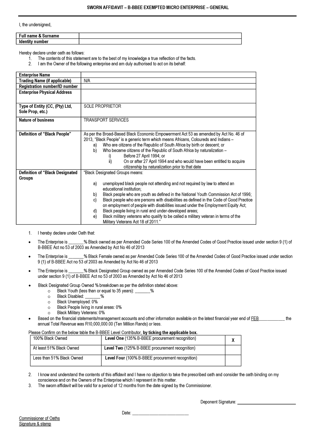 Affidavit EME Form - CPD1501 - SWORN AFFIDAVIT – B-BBEE EXEMPTED MICRO ...