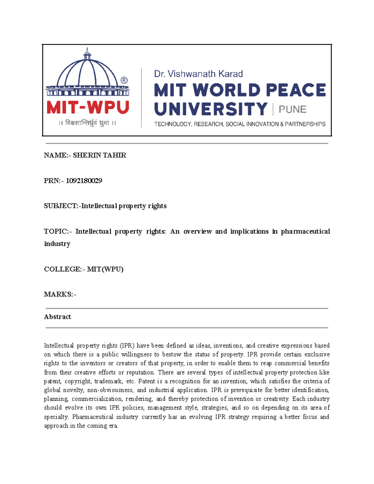 Intellectual property rights Reasearch Paper - NAME:- SHERIN TAHIR PRN ...