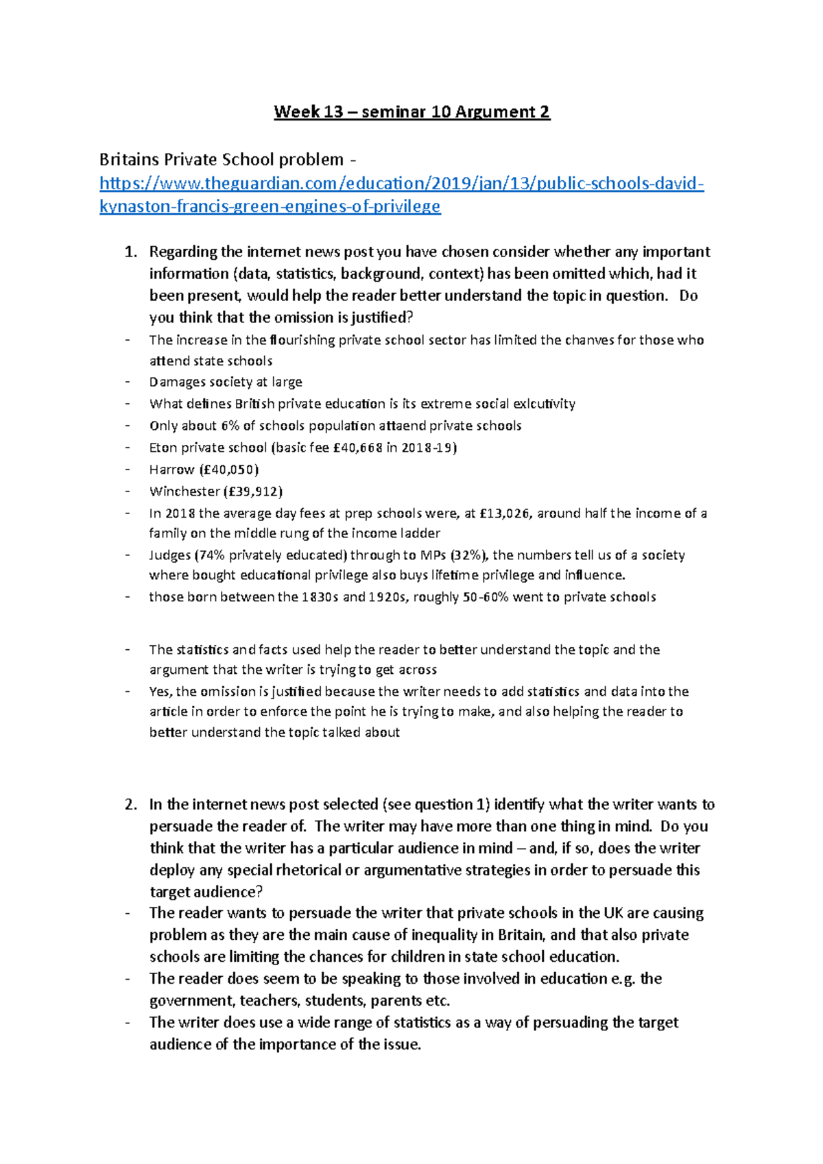 Week 13 - Seminar 10 argument 2 - Week 13 – seminar 10 Argument 2 ...