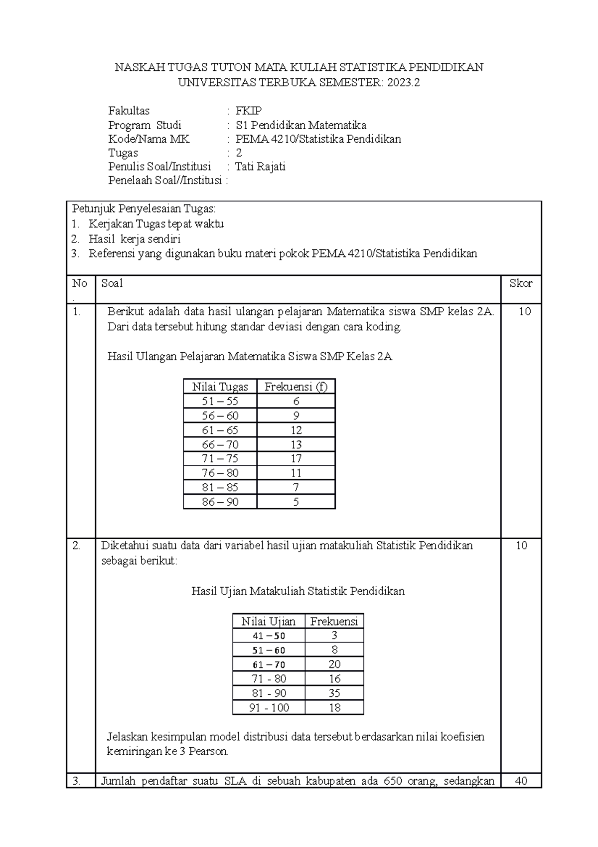 Tugas Statistika Pendidikan II - NASKAH TUGAS TUTON MATA KULIAH ...