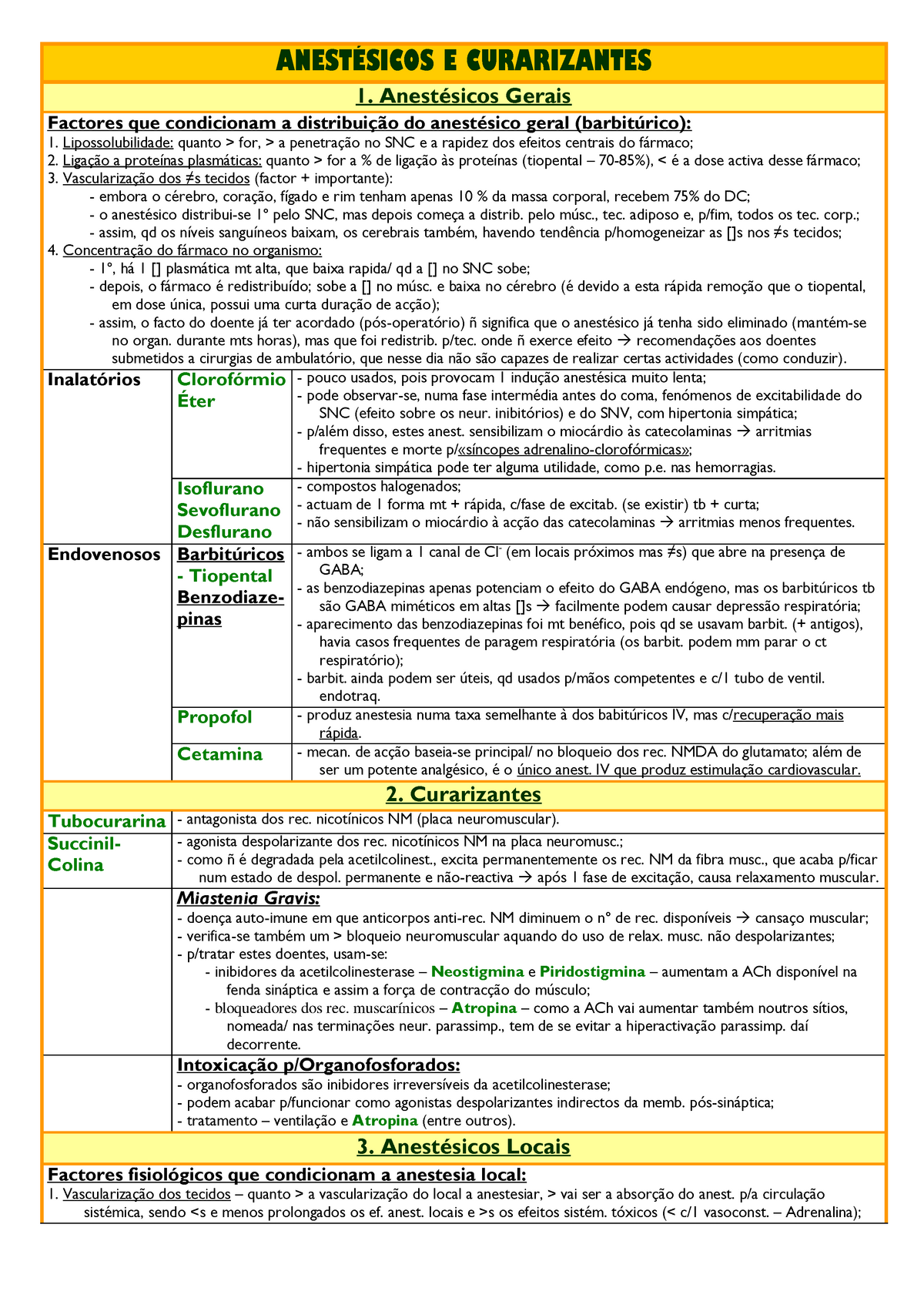 Anestesicos e curarizantes - ANESTÉSICOS E CURARIZANTES 1. Anestésicos  Gerais Factores que - Studocu