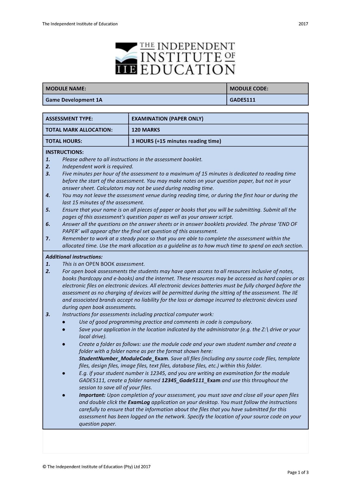 GADE5111 Ea - past paper - The Independent Institute of Education 2017 ...