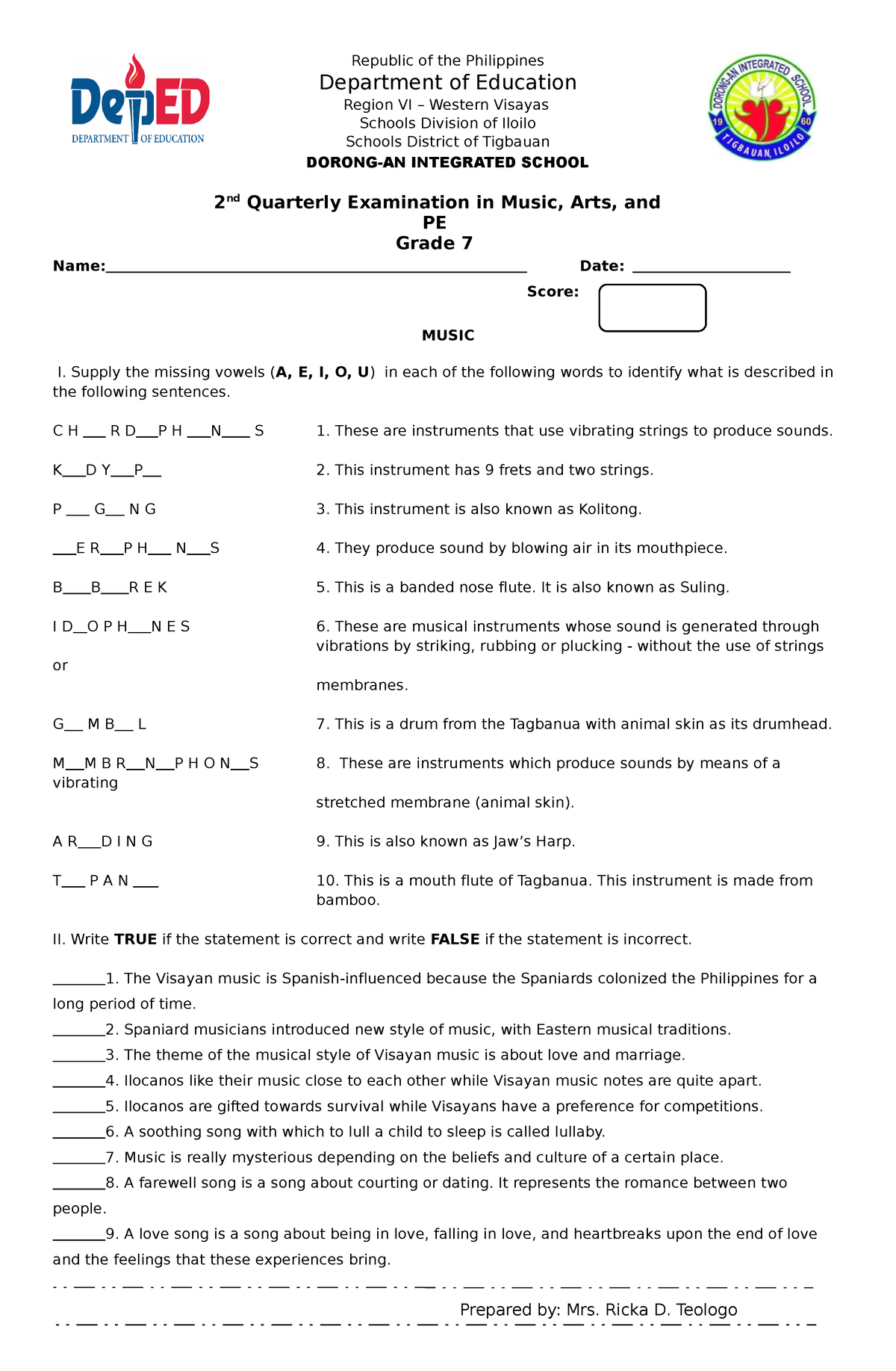 Grade 7 2nd Mapeh - Sample Only - Department Of Education Region VI ...