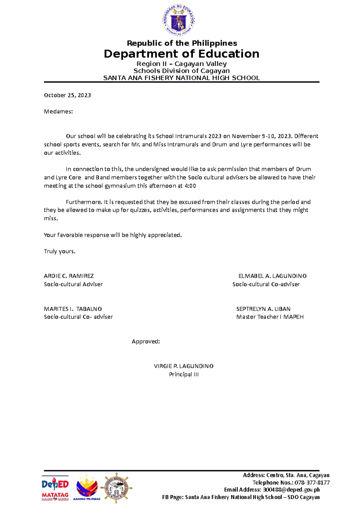 Excuse letter for drum and lyre Republic of the Philippines