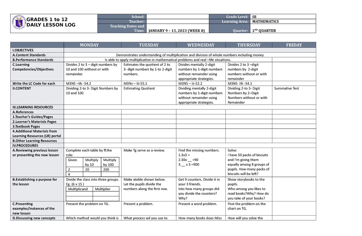 DLL Mathematics 3 Q2 W8 - Teachers Only - GRADES 1 To 12 DAILY LESSON ...