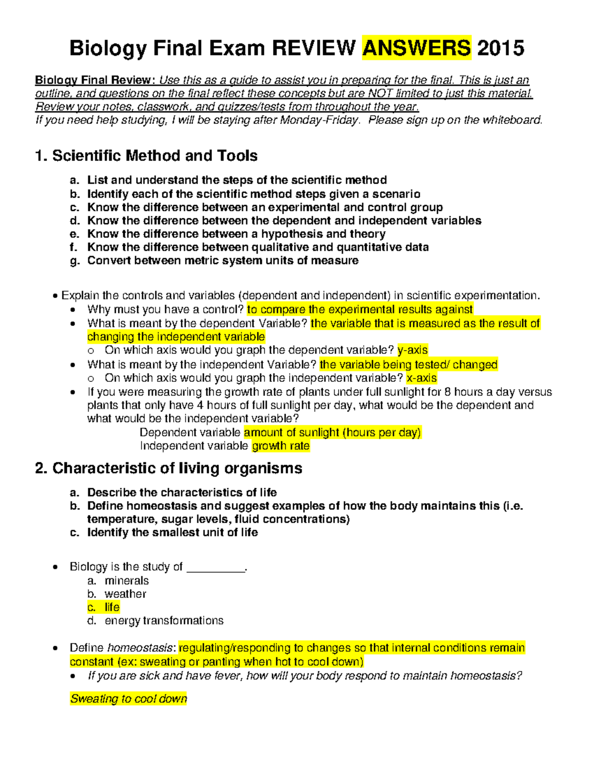 Biology Final Review 2015 Answers - Biology Final Exam REVIEW ANSWERS ...