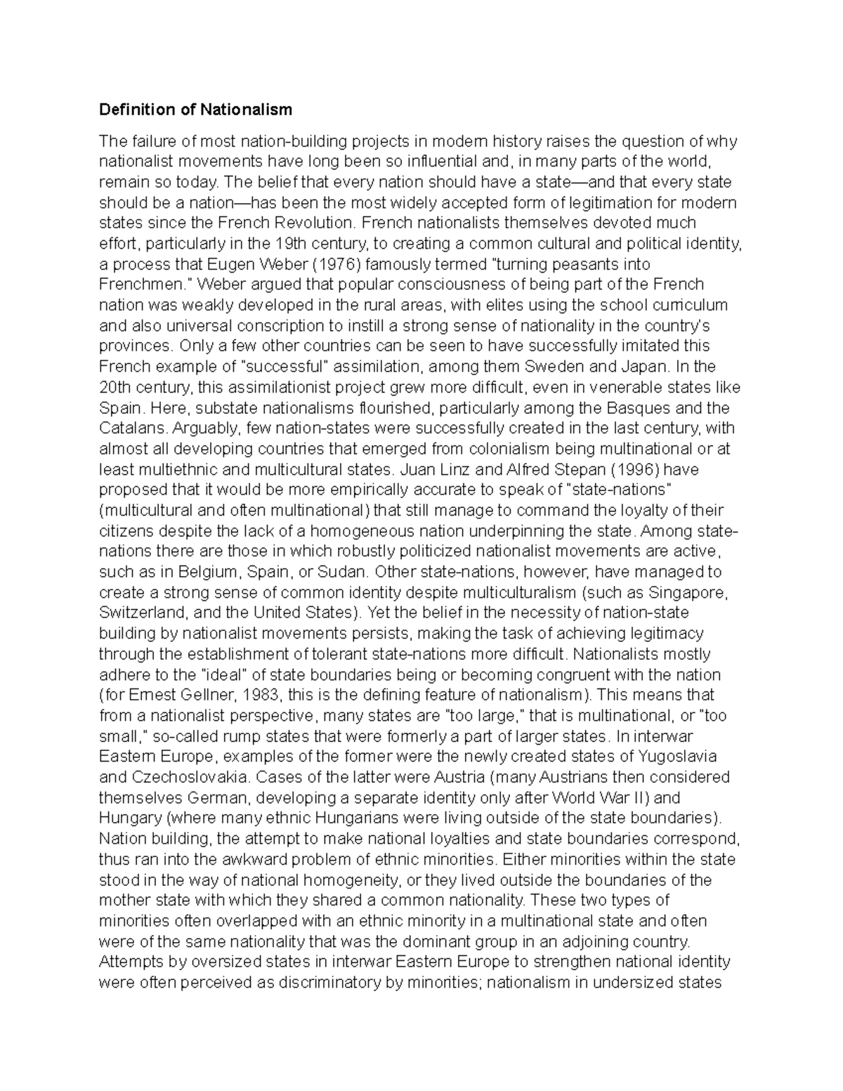 Definition of Nationalism The belief that every nation should have a