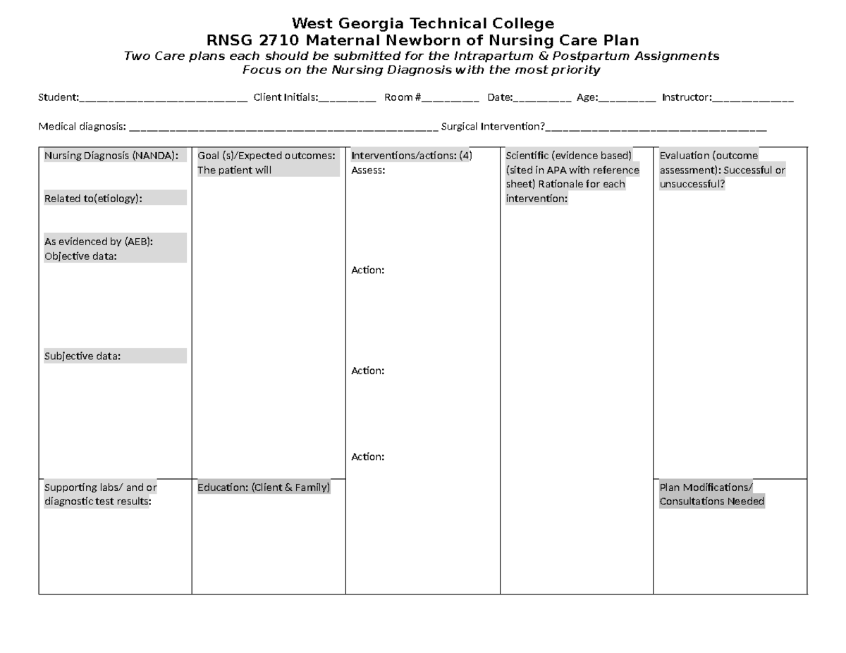 Maternal-Newborn Care Plan revised 8-2018 - West Georgia Technical ...