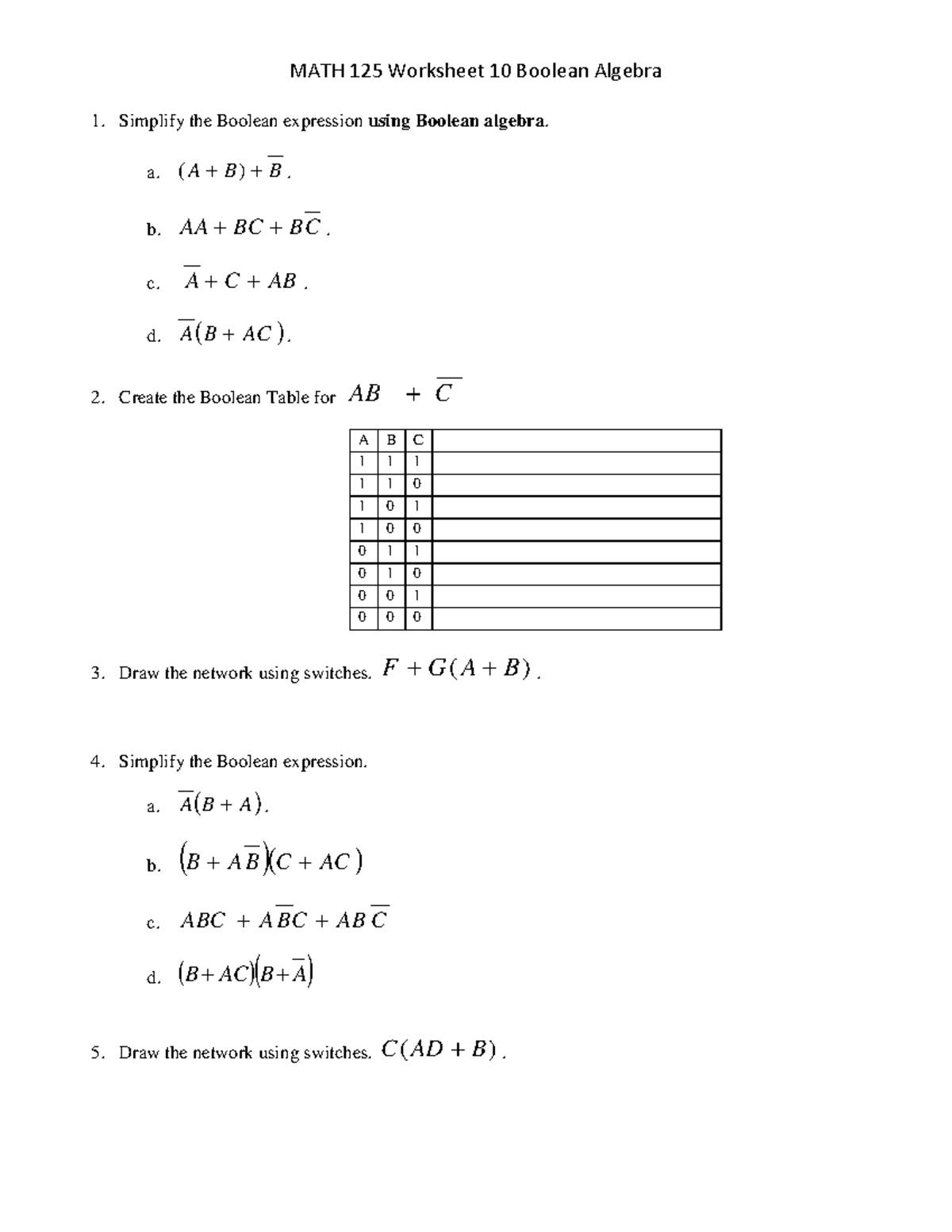 MATH 125 Worksheet 10 Boolean Algebra - MATH 125 Worksheet 10 Boolean ...