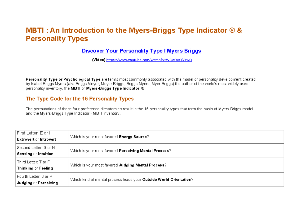 E LM 2 - MBTI - Tagged - lecture notes - MBTI : An Introduction to the Myers -Briggs Type Indicator ® - Studocu