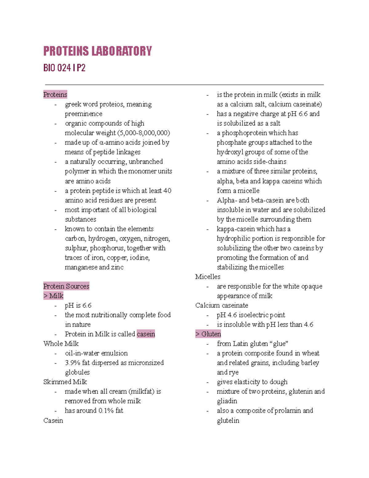 Proteins-LAS - PROTEINS LABORATORY BIO 024 I P Proteins - greek word ...