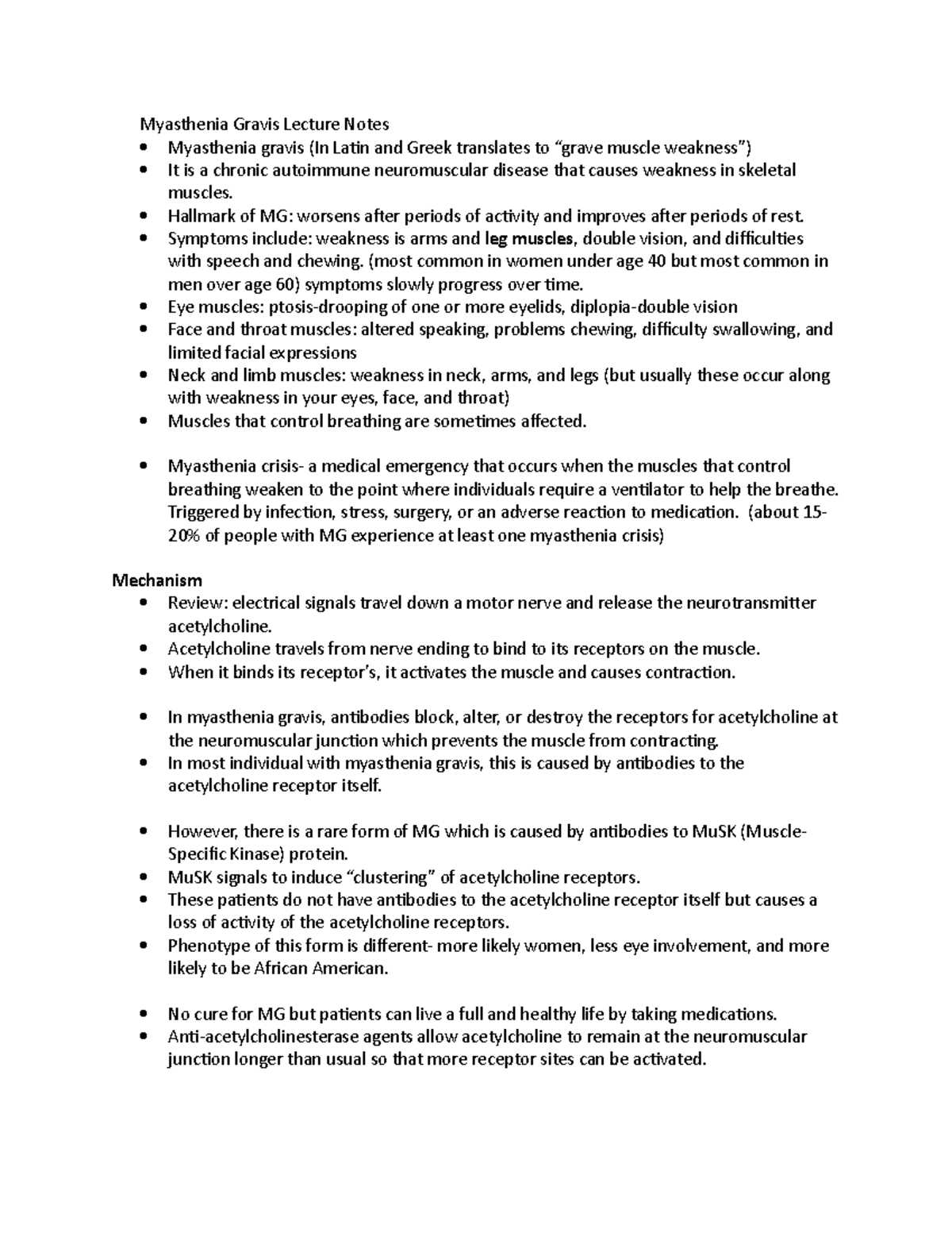 Bio101 Myasthenia Gravis Notes Myasthenia Gravis Lecture Notes