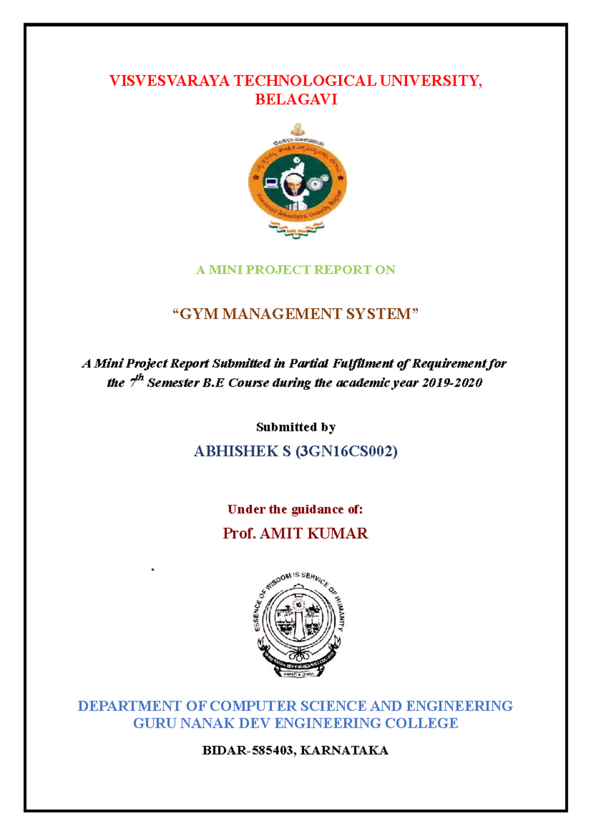 Gym Management System Report - VISVESVARAYA TECHNOLOGICAL UNIVERSITY ...