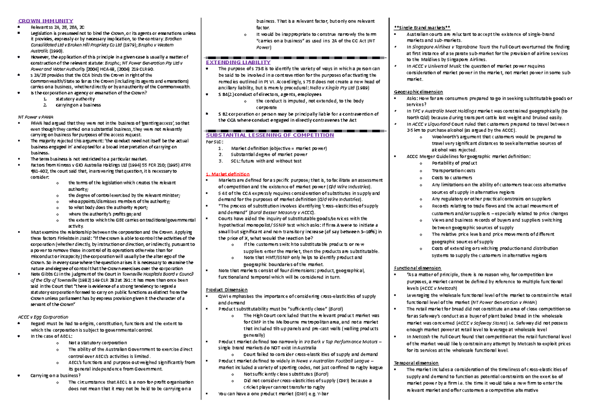 Final cheat sheet - Summary Competition Law - CROWN IMMUNITY Relevant ...