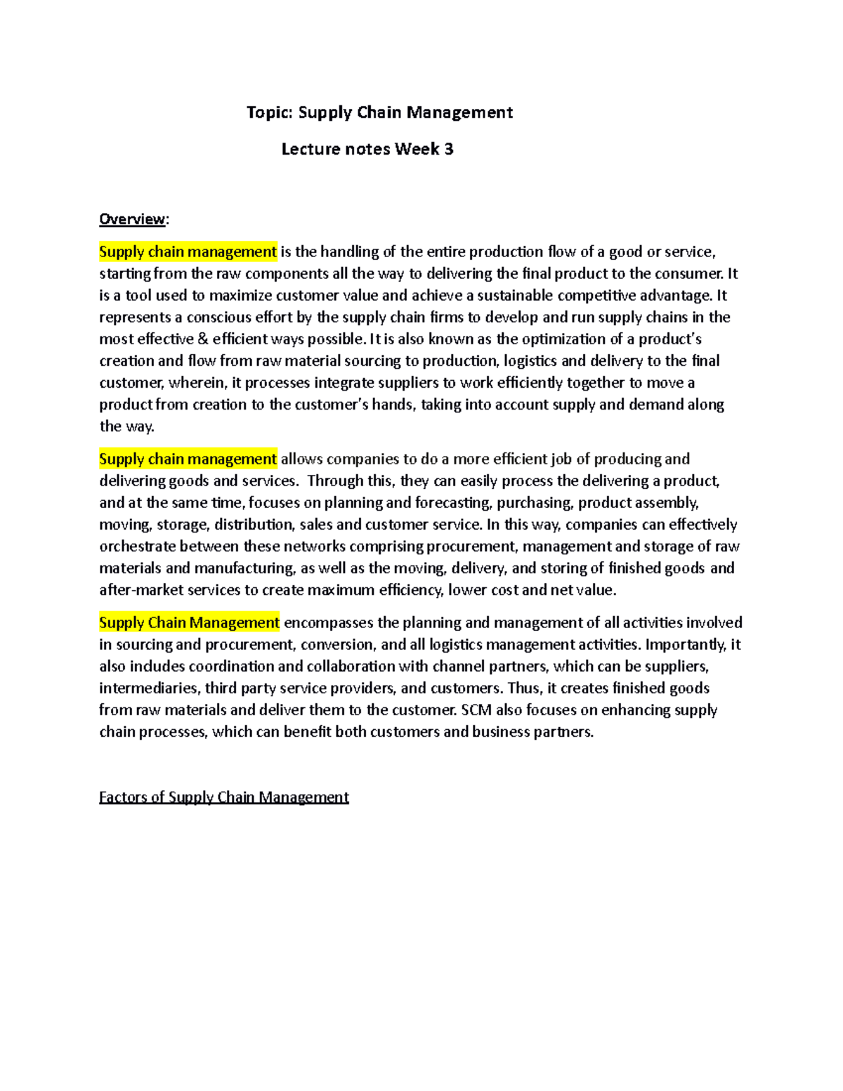 Supply chain management Topic Supply Chain Management Lecture notes