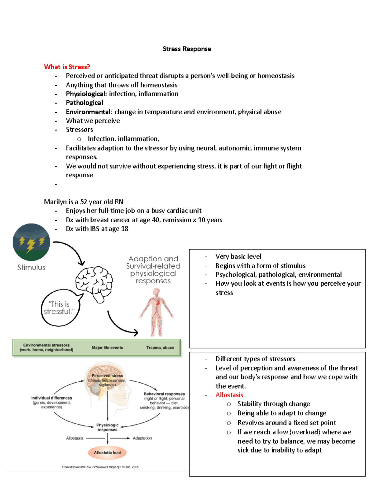 Class 2 - notes - Stress Response What is Stress? - Perceived or ...