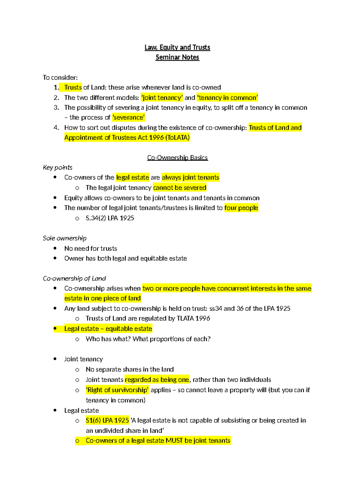 Law, Trusts, Equity Seminar Notes - Law, Equity and Trusts Seminar ...
