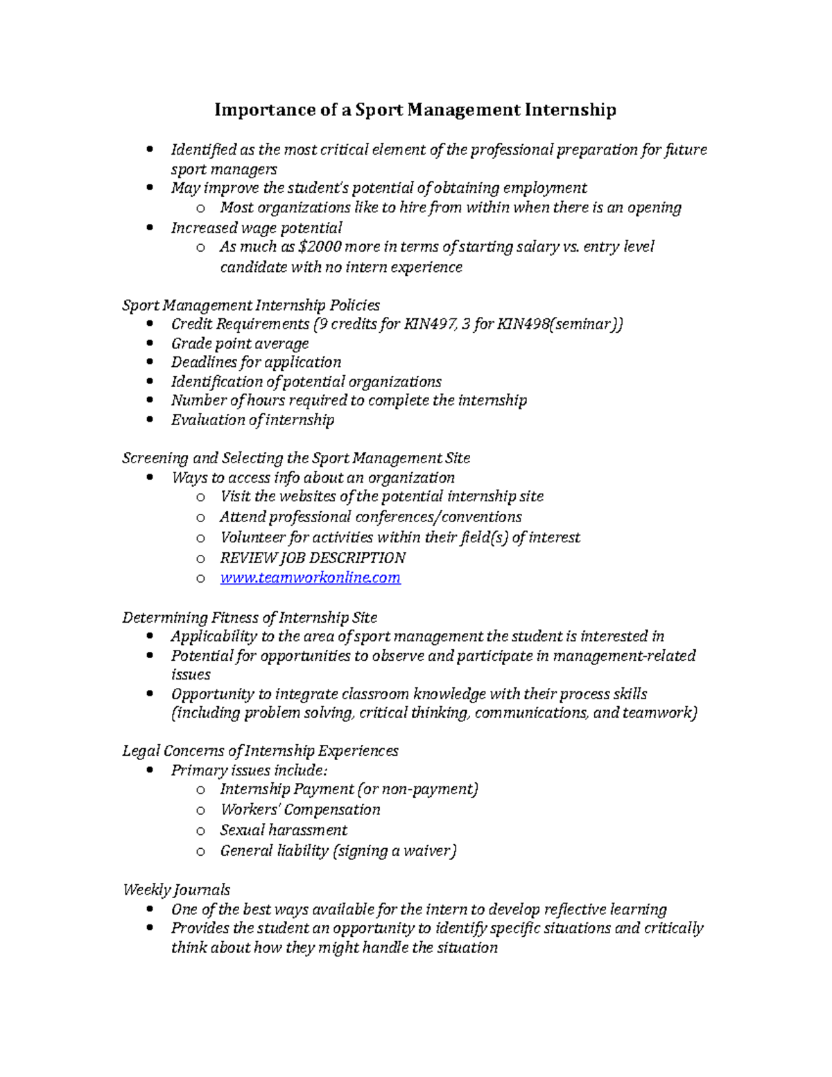 Chapter 4 Importance of a Sport Management Internship Importance of