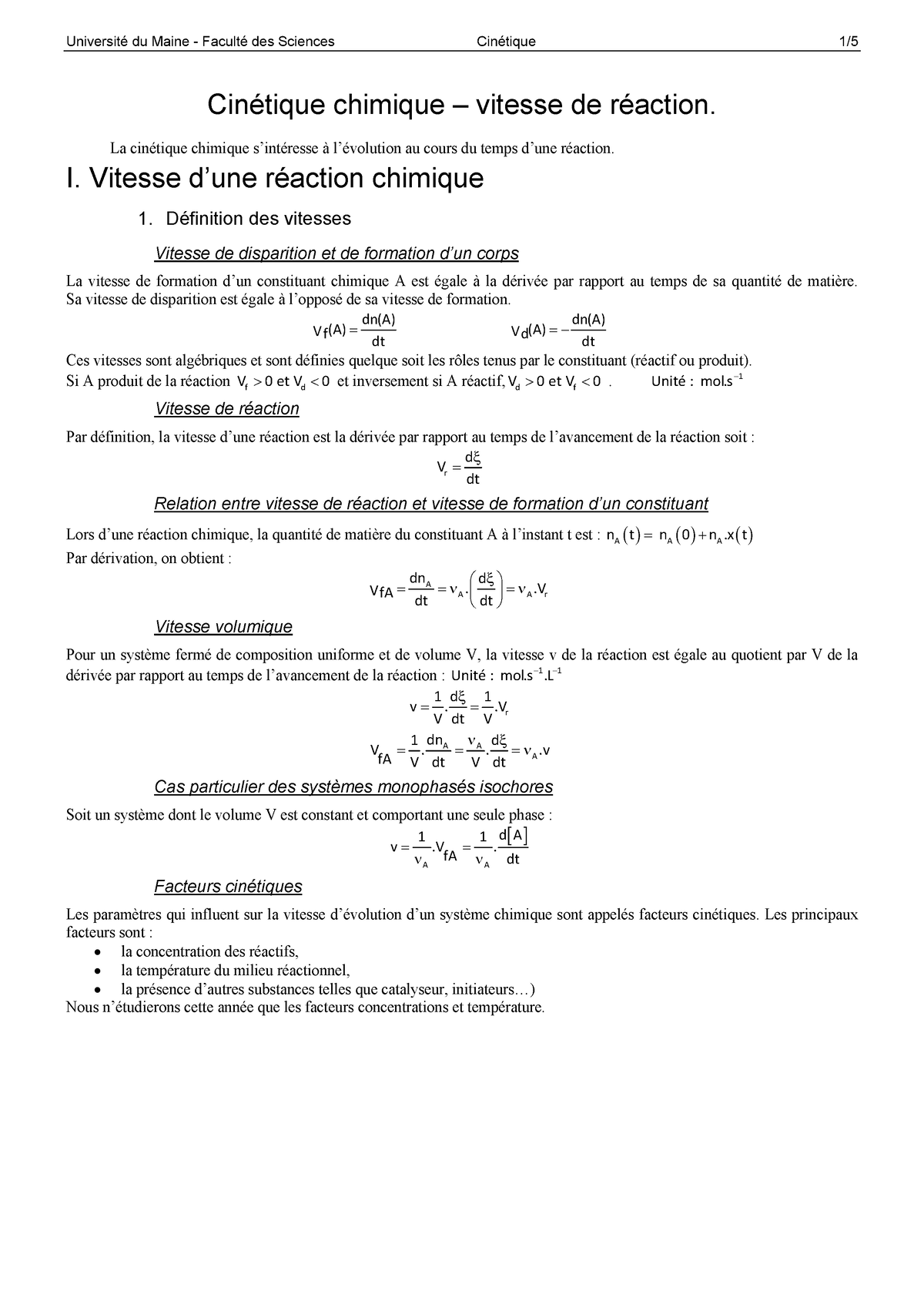 Cinetique Chimique Resume 1 - Cinétique Chimique – Vitesse De Réaction ...