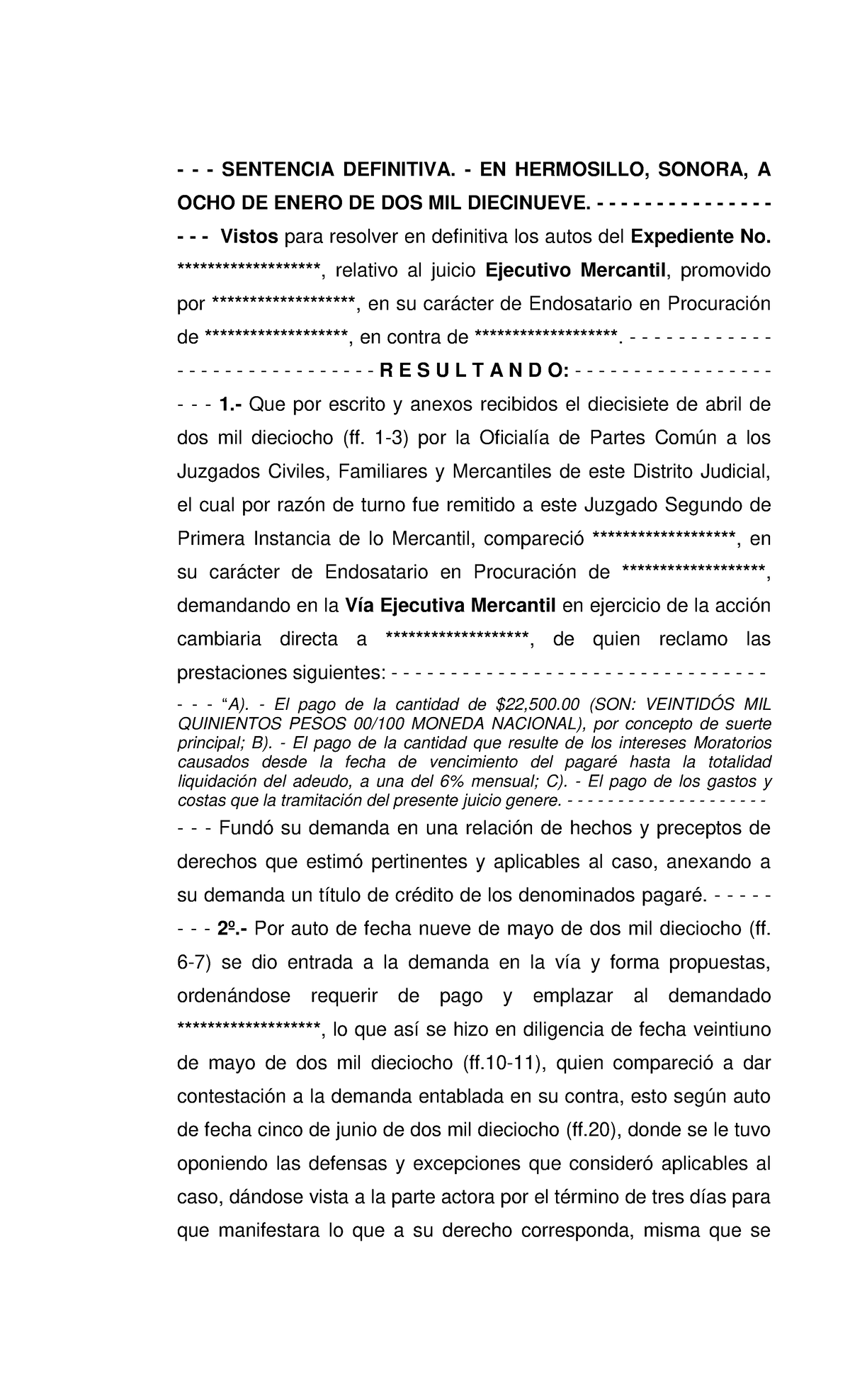 Sentencia Juicio Ejecutivo Mercantil HESM 080119 - SENTENCIA DEFINITIVA