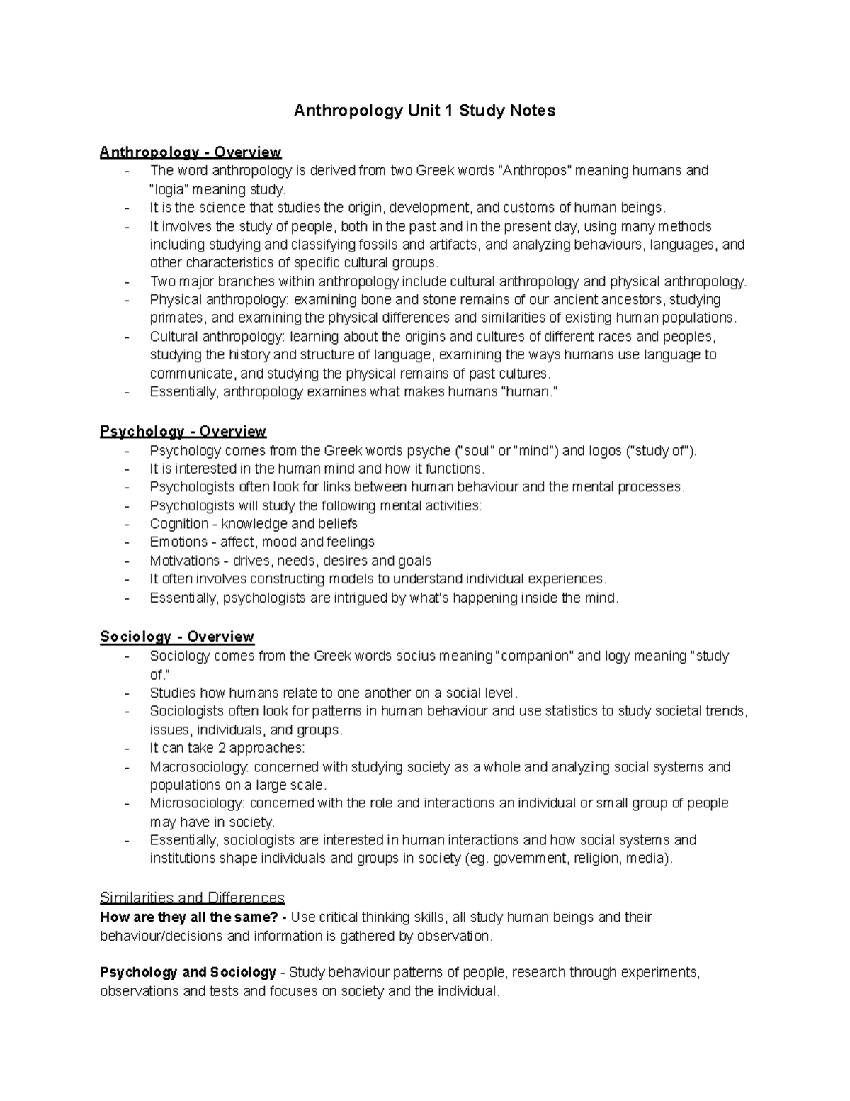 Anthropology Unit 1 Study Notes - Anthropology Unit 1 Study Notes ...