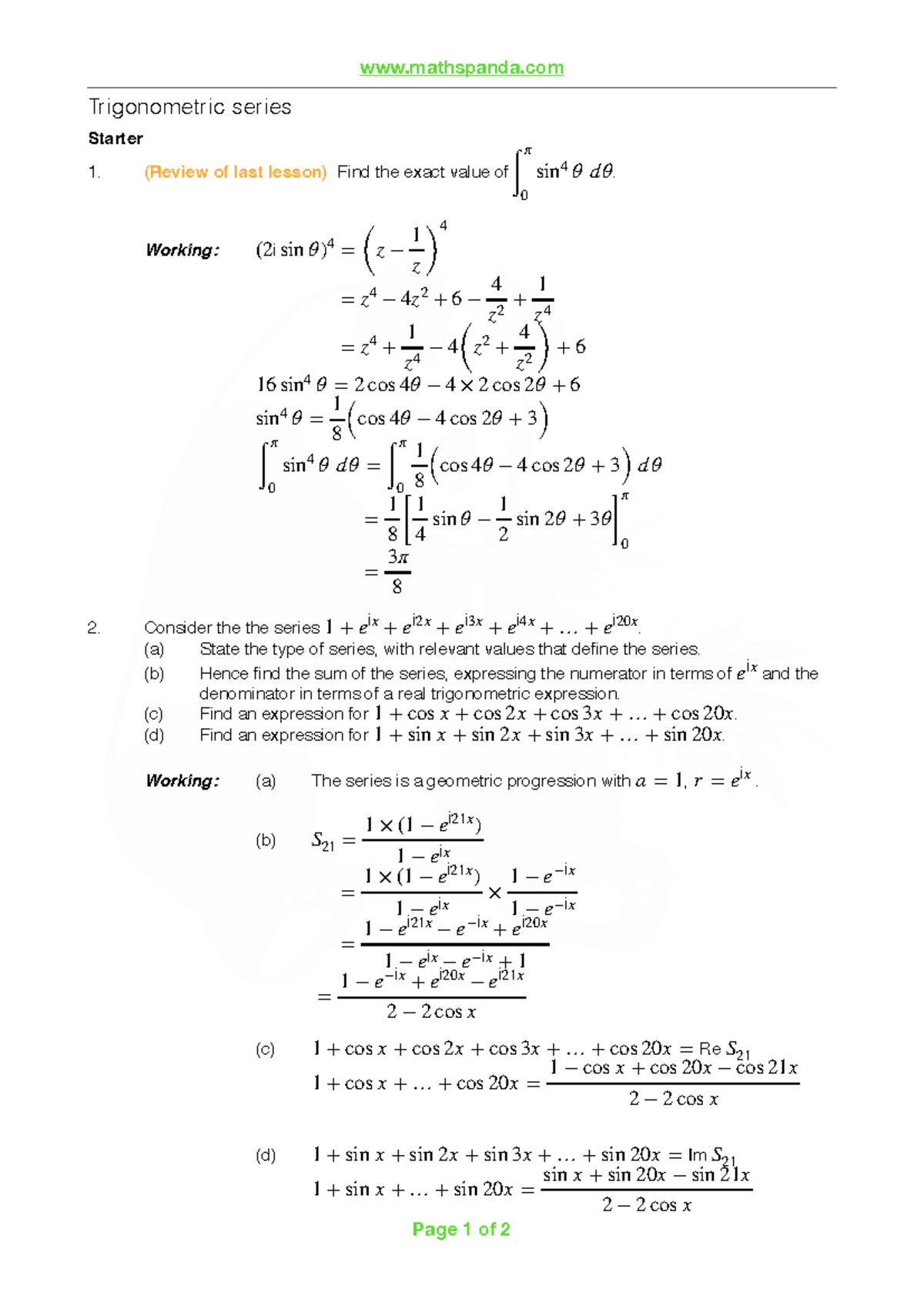 Trigonometric series WES - mathspanda Trigonometric series Starter 1 ...