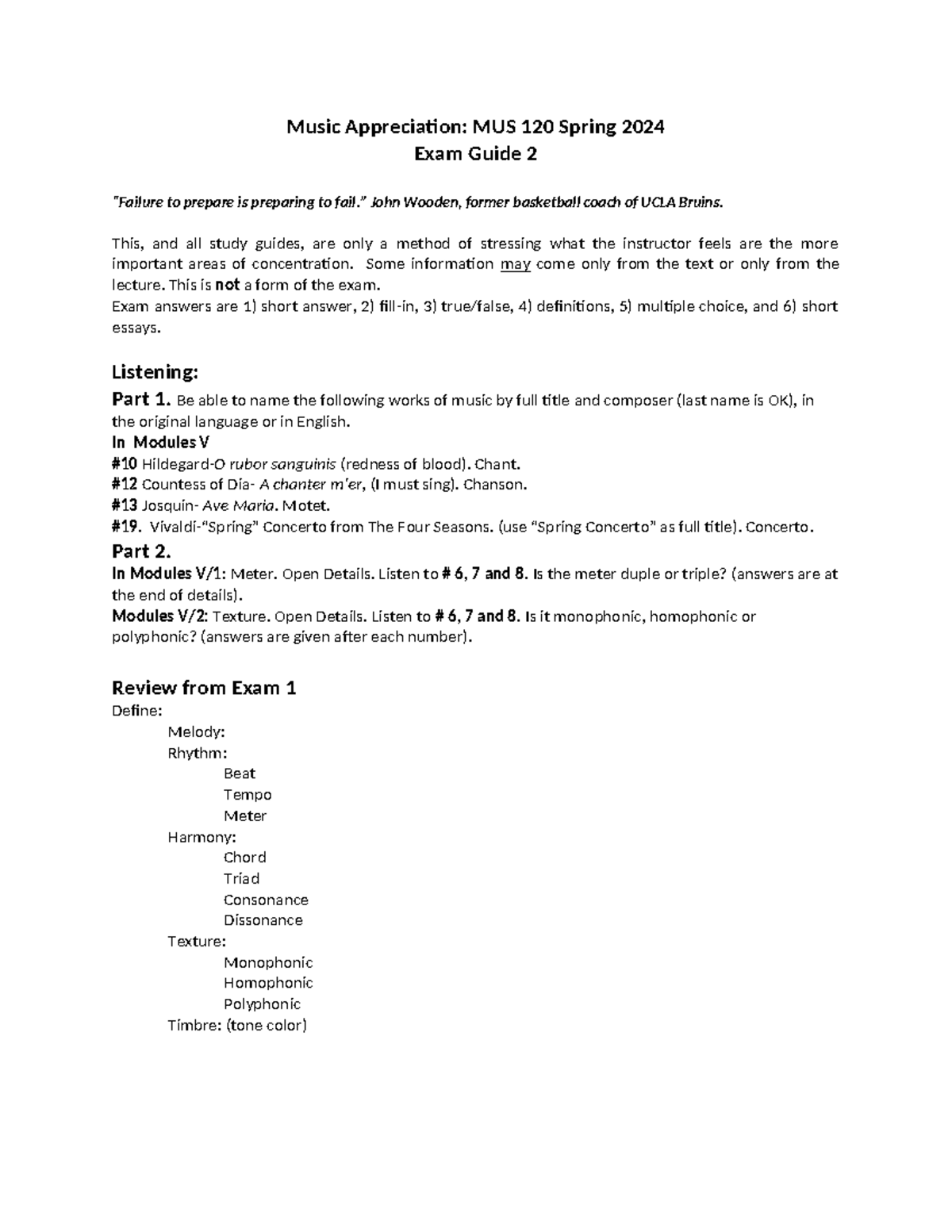 Exam+Guide+2+Spring+2024 - Music Appreciation: MUS 120 Spring 2024 Exam ...
